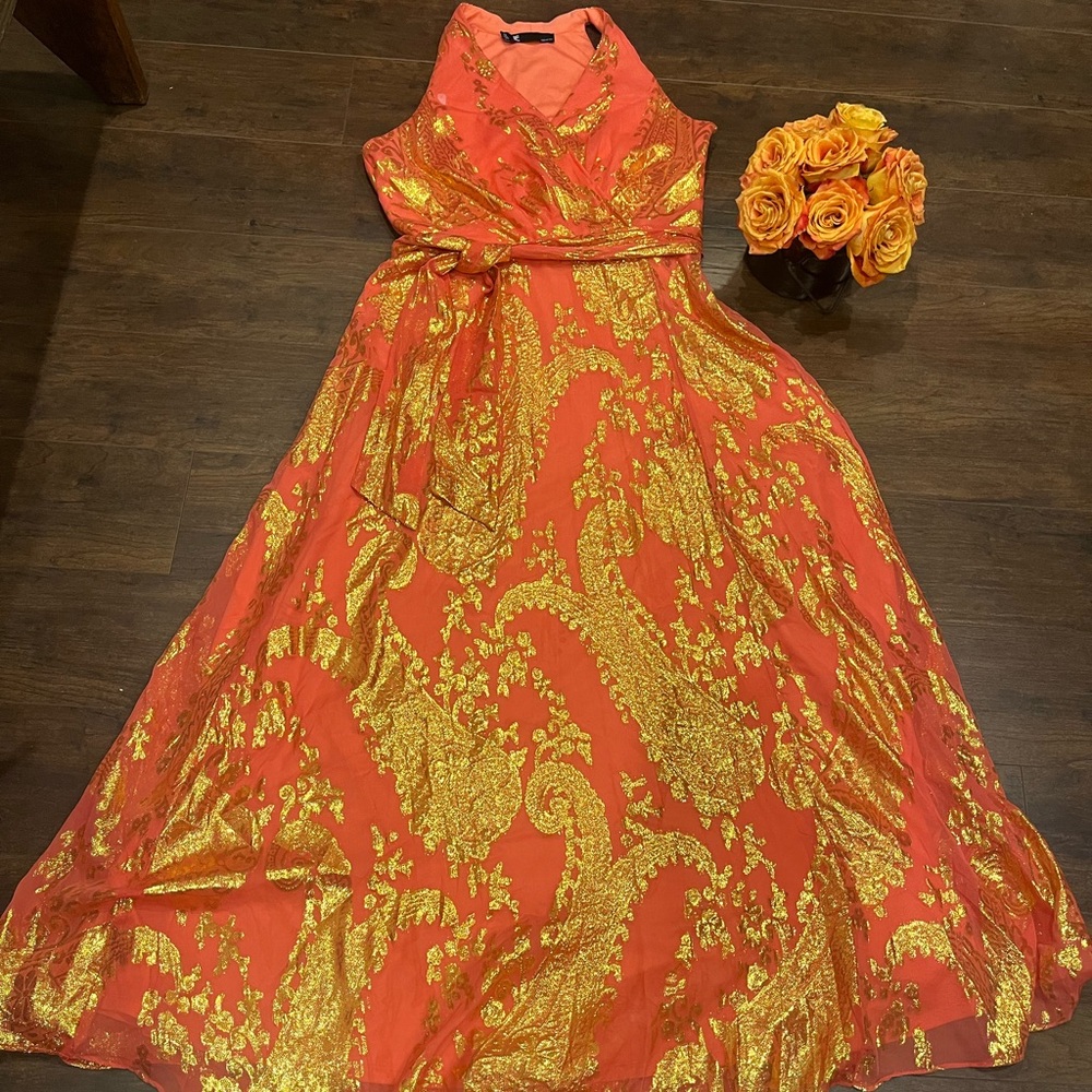 Stunning formal gown coral with  gold